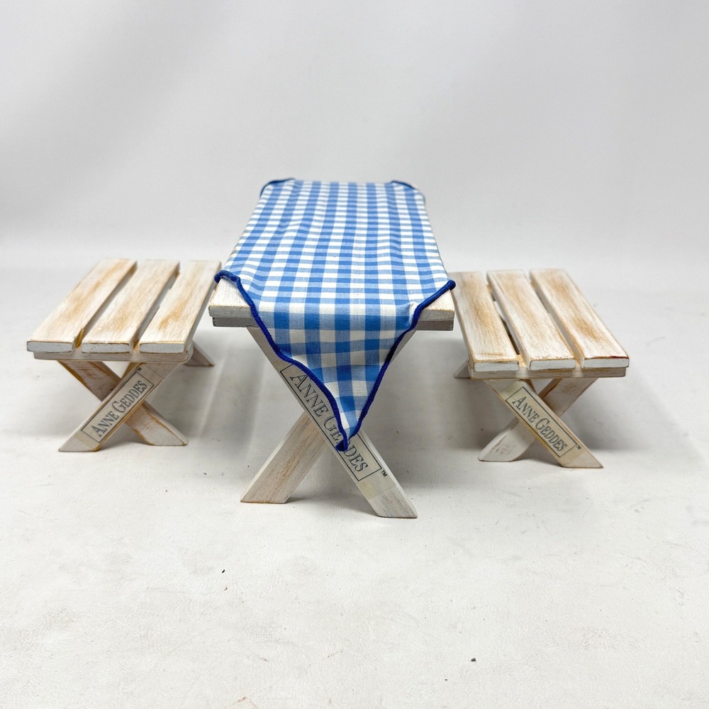 Anne Geddes Enesco Miniature Picnic Table Bench Set White Wood Gingham Prop